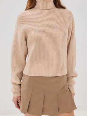 Good American Women's Beige Cozy Ribbed Turtleneck Sweater Size S